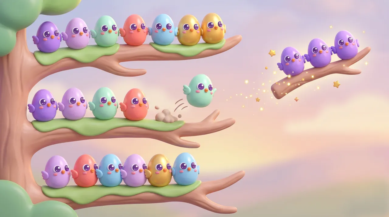 Chick Sort — Hop, sort, cheer! Fill each branch with one colour.